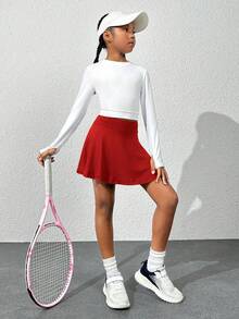SHEIN Girls' Navy Blue Skirt With Soft, Stretchy Shorts Lining, Suitable For Outdoor/Indoor Sports, Dance, Tennis And Other Activities - Red - View 5