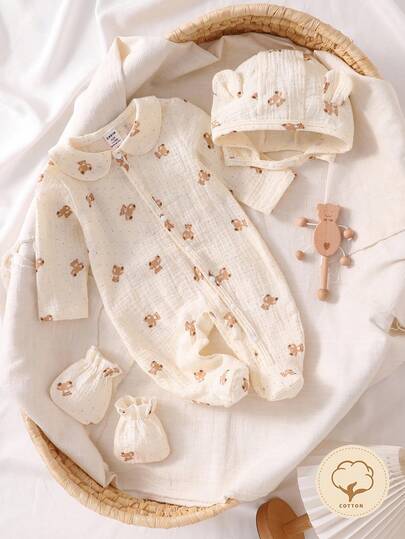 3 Pieces Contton Newborn Apricot Cotton Muslin Fabric Bear Pattern Long Sleeve Romper, Hat And Gloves Set, Home Outfit Fall Winter