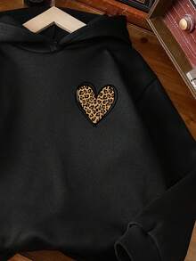 少女爱心豹纹长袖卫衣，时尚休闲外套，黑色长袖套头衫，百搭，秋冬款 - 黑色 - 查看 3