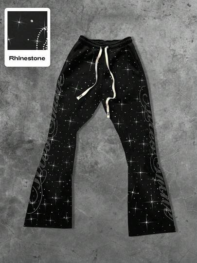 Street Life Unisex Flare Leg Sweatpants With Street Style American English Rhinestone Print, Straight Leg Design
