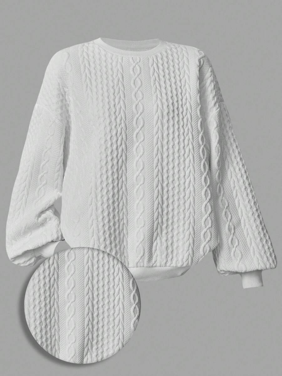 SHEIN Girlism Teen Girls' Casual Textured Solid Color Loose Fit Crew Neck Sweatshirt, Autumn Fall Winter - White - View 1