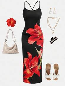 Girlism 青少年女孩花卉印花开衩吊带休闲连衣裙，适合夏季、度假、派对、户外穿着