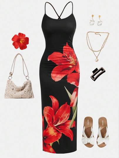 Girlism 青少年女孩花卉印花开衩吊带休闲连衣裙，适合夏季、度假、派对、户外穿着