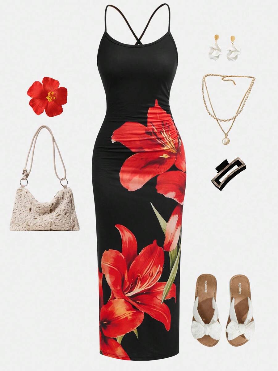 Girlism 青少年女孩花卉印花开衩吊带休闲连衣裙，适合夏季、度假、派对、户外穿着