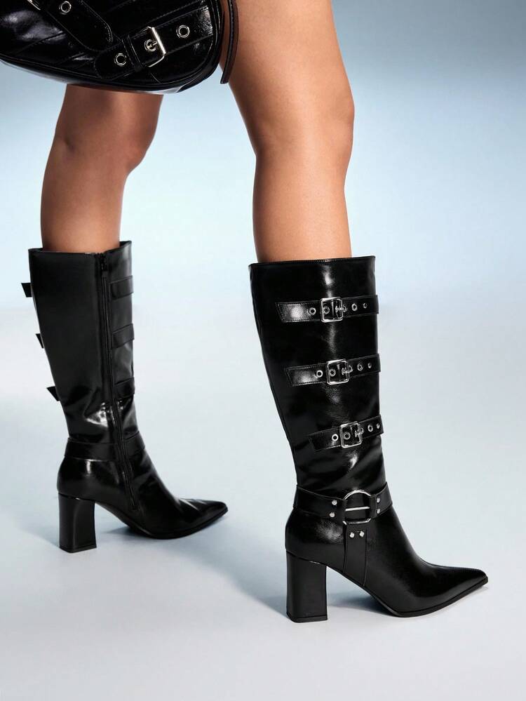 CUCCOO GRLICON Women's Pointed Toe Chunky Heel Knee-High Boots With Side Zipper And Buckle Decor, Y2K Fashion , Suitable For Halloween, Christmas, Shark Boots, Black, Autumn