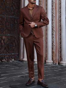 Manfinity Bizformal Bộ vest nam cổ ve áo đơn màu, tay dài, áo khoác và quần dài thường ngày - Cà phê nâu - Xem 1