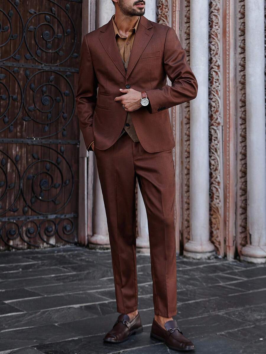 Manfinity Bizformal Bộ vest nam cổ ve áo đơn màu, tay dài, áo khoác và quần dài thường ngày - Cà phê nâu - Xem 1