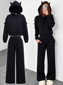 SHEIN 2pcs/Set Tween Girl Hooded Sweatshirt & Pants Set, Fashion Streetwear With Bow Decor, Solid Color