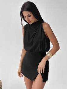 Firerie Women's Elegant Fashion New Commuting Office Daily Vacation Music Festival Asymmetrical Pleated Apricot Blouse, Spring/Summer,Black Tops