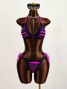 Swim EVENT 女士性感音乐节海滩装，黑色和紫红色双层开叉镂空系带比基尼套装，夏季 - 彩色 - 查看 1