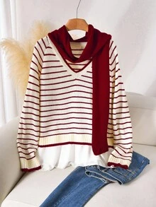 CosyJoli Plus Size Women Fashion Casual Daily 2 Pieces Set, V-Neck Pullover Sweater & Scarf, Versatile Peach Striped Design Fall Sweater V-Neck Sweater Women Pullover Sweater Striped Sweater Women Striped Sweater