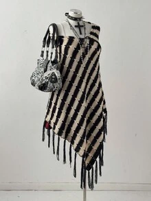 Sunspun Plus Size Women's Y2K Style Casual Black & White Striped Handmade Tasseled Knit Poncho Sweater, Suitable For All Seasons, Ideal For Vacation Outfits Fall Winter Cloth For Women Autumn