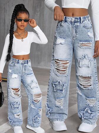 Tween Girls Y2K 2000S Street Style Retro Casual Personalized Fashion Blue Washed Hole Patch Pentagram Embroidered Straight Jeans Casual Casual Style Bottoms Y2K Casual Color Washed Striped Denim Loose Jeans Ripped And Star Embroidery Girls Teacher Clothing Back-To-School Dresses Church Dresses Business Casual Wear Street Style Autumn And Winter New Arrivals Tween Girls Baggy Jeans Y2k Jeans Ripped Jeans Girls Baggy Ripped Jeans Fall