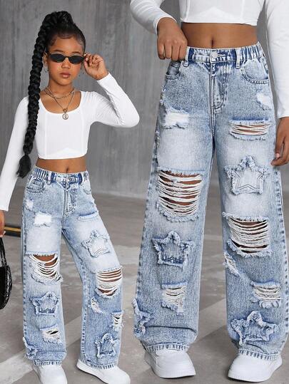 Tween Girls Y2K 2000-talets gatustil Retro Casual Personlig Mode Blåtvättade Hållappar Pentagram Broderade Raka Jeans Casual Casual Style Nederdelar Y2K Casual Färgtvättade Randiga Denim Lösa Jeans Slitna Och Stjärnbroderi Flickors Lärarkläder Back-To-School Klänningar Kyrkoklänningar Affärsfritidskläder Gatustil Höst Och Vinter Nyheter Tween Girls Baggy Jeans Y2k Jeans Slitna Jeans Flickors Baggy Slitna Jeans