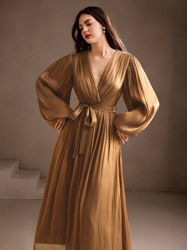 Solid Color V-Neck Long Sleeve Elegant Chiffon Maxi Dress For Women