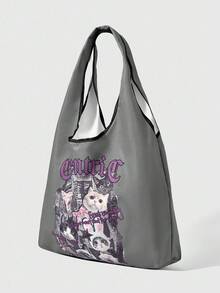 ROMWE Anime Cat Print Fashion Portable Large Capacity Women Tote Bag - Grey - View 2