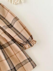 Cozy Pixies Baby Girl Brown Plaid Bow Contrast Color Peter Pan Collar Long Sleeve Waist Dress Fall Winter