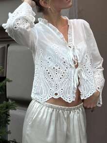 Pariaura Casual Versatile Solid Color Hollow Embroidery Lace-Up Shirt