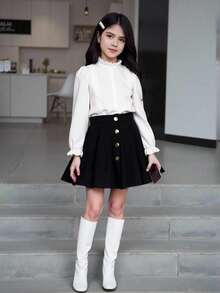 SHEIN 青少女蕾絲插入荷葉邊袖口荷葉邊修飾襯衫 - 白色 - 查看 3