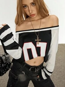 Rina Fox 女式学院风黑白撞色印花长袖不对称领口宽松T恤 - 黑色 - 查看 3