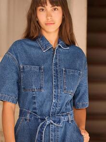lacRébo Bộ đồ liền thân denim tay ngắn có thắt lưng có túi ngực dành cho nữ mùa thu đông - Rửa tối - Xem 2