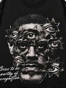 ROMWE MEN Grunge Punk 男士复古人物图案宽松短款长袖T恤，适合秋季，2000年代风格 - 黑色 - 查看 3