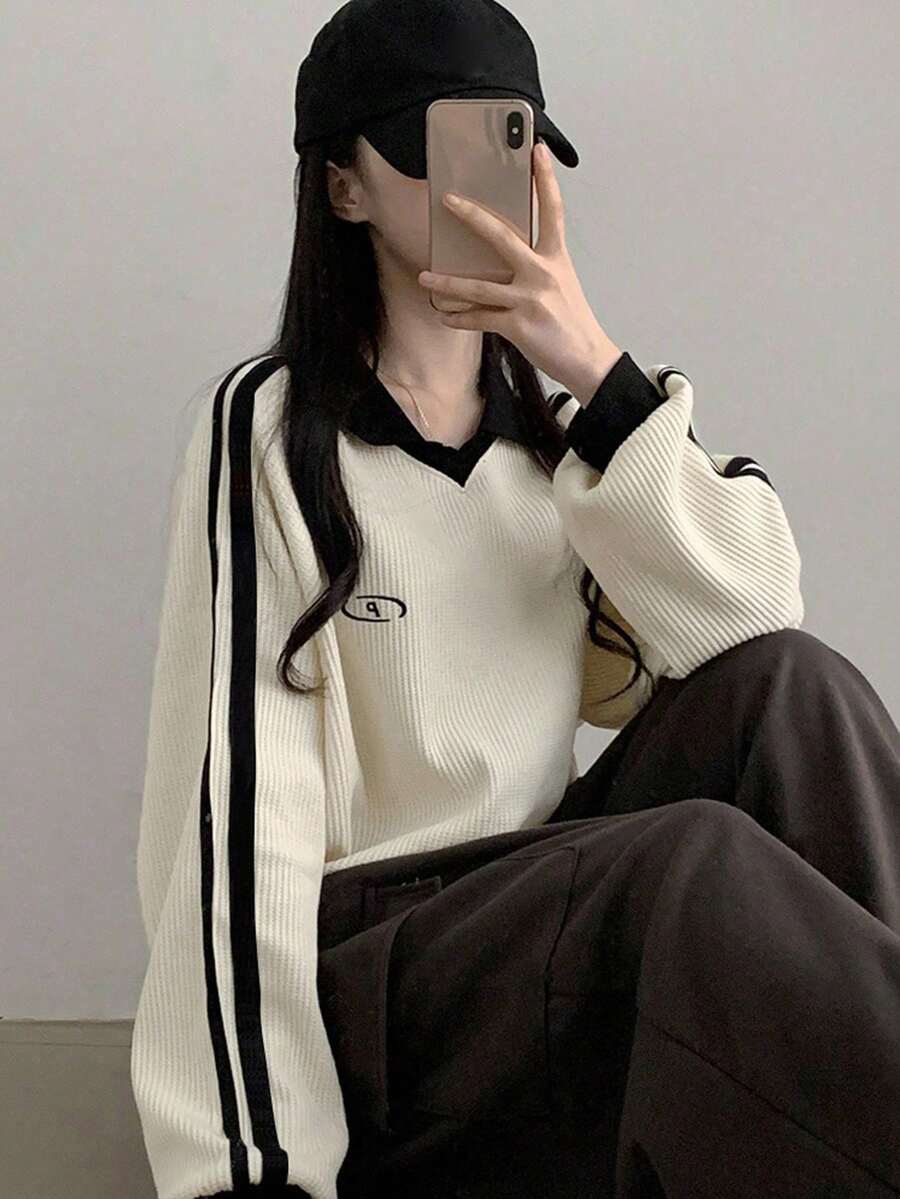 DAZY 青少年/青年女孩宽松休闲拼色套头衫，秋季 - 白色 - 查看 1