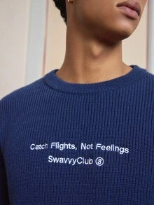 SWAVVY Men's Fashion Loose Fit Embroidered Crew Neck Long Sleeve Sweater, Fall Winter