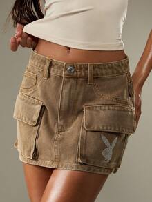 Missguided x Playboy Stone Washed Denim Mini Skirt With Diamante Embellishments For Women Casual Everyday Wear - Khaki - View 5