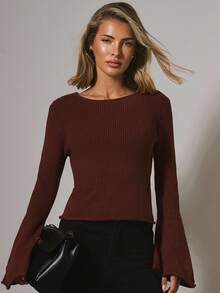 COSMINA Suéter elegante de mujer con mangas de campana y ajuste en la cintura, otoño/invierno - Marrón - Ver 5