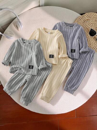 SHEIN Playful Pals 3 件套婴儿服装套装，包括弹性罗纹上衣和裤子，2 件套，春季保暖厚款，男女通用