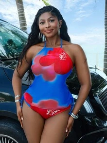 Slaydiva 大码女式多色印花隧道抽绳领无袖上衣搭配高腰印花三角短裤，简约时尚性感沙滩度假分体泳衣套装 - 彩色 - 查看 3