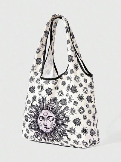 Grunge Punk Gothic Style Women's Tote Bag With Fashionable Sun Print, Large Capacity And Portable