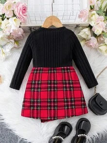 Babygirl Casual Cute Knit Black Red Plaid Patchwork Long Sleeve Dress Baby Girl Christmas Outfit Autumn/Winter - Multicolor - View 2