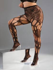 SpicyHot 1pc Plus Size Women Open Crotch Fishnet Stockings, Suitable For Pairing With Skirts - Black - View 5