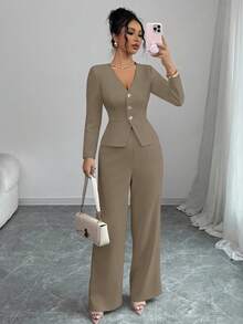Elenzga 女士优雅长袖西装外套和裤子套装，商务/通勤风格，适合夏季、独立日、毕业典礼、返校 - 卡其色 - 查看 1