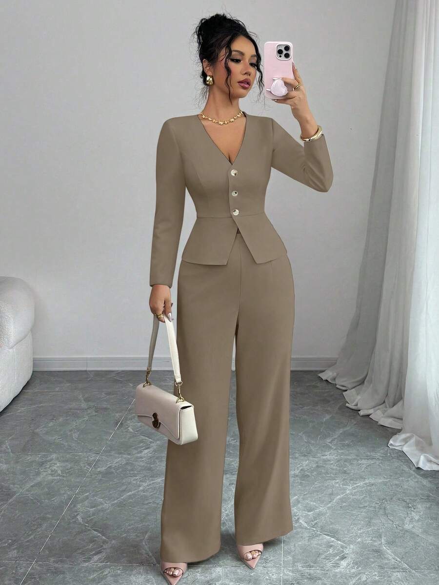 Elenzga 女士优雅长袖西装外套和裤子套装，商务/通勤风格，适合夏季、独立日、毕业典礼、返校 - 卡其色 - 查看 1