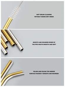 8 Stücke Edelstahl Strohhalme & 2 Stücke Reinigungsbürsten & 1 Stück Aufbewahrungstasche Set, Küche, Weihnachtsgeschenk, Schulmaterial - Gold - Übersicht 5