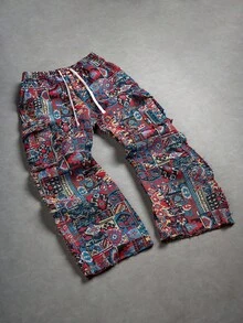 Manfinity EMRG Quần túi hộp rút dây eo phong cách Mỹ cổ điển dành cho nam, họa tiết hình học, dành cho mùa thu - Màu xanh lam - Xem 3