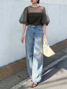 FRIFUL 女式纯棕色圆领泡泡袖透视网眼宽松休闲分层上衣