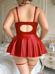 SHEIN Plus Size Sexy PU Leather & Mesh Ruffle Tie-Up A-Line Dress With Garter Belt 4-Piece Set