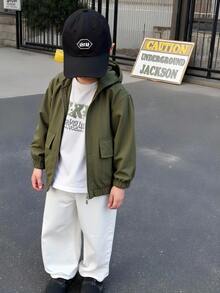 年轻男孩时尚休闲连帽弹性袖口和下摆夹克外套，实用大口袋设计，宽松舒适，适合春季、夏季、秋季、日常、户外、派对、拍照 - 軍綠色 - 查看 7