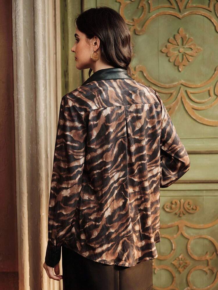 Women's Autumn Fashionable Animal Zebra Print Patchwork PU Long Sleeve Shirt