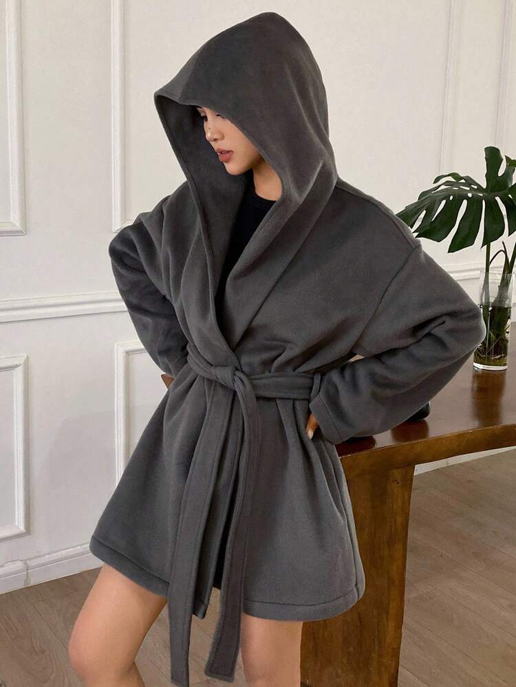 Women's Solid Color Hooded Loose Waist Tie-Up Thick Overcoat, Autumn/Winter Jacket
