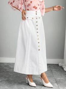 Elenzga Gonna di jeans mini casual e versatile con bottoni frontali in colore unito - Bianco - Visualizzare 7