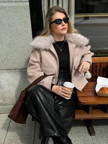 Auralis Plus Size Women's Autumn And Winter Fashion Casual Loose Comfortable Daily Warm Plush Patchwork Pocket Khaki Jacket, Plush Detachable Jacket,Women's Winter Clothes,Winter Coats