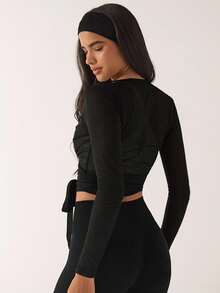 SHEIN BAE Áo thun nữ tay dài thắt nơ họa tiết đục lỗ, thể thao & đa năng cho mọi mùa - màu đen - Xem 2
