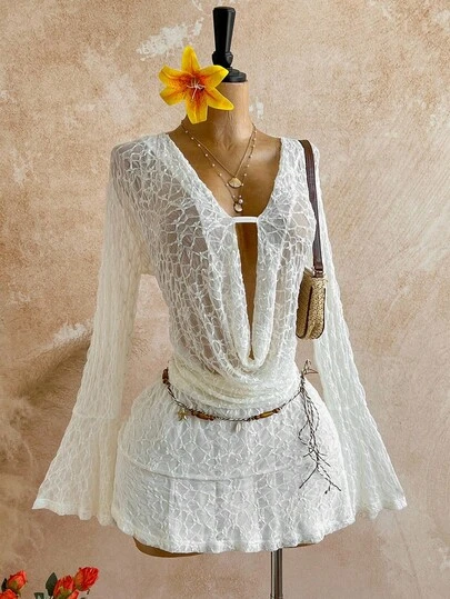 Soleia Winter Clothes Casual Dresses For Women Women's Solid Color Draped Layered Elegant Long Sleeve Mini Dress Boho White Dress White Lace Dress Cream Outfit Women