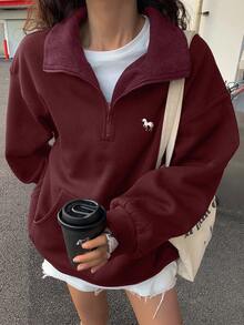 DAZY 女士秋冬撞色领保暖宽松卫衣 - 酒紅色 - 查看 4