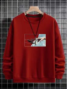 SHEIN Cottnline 100%Cotton Men's Round Neck Sweatshirt With Hand Print Outline Design - Red - View 3